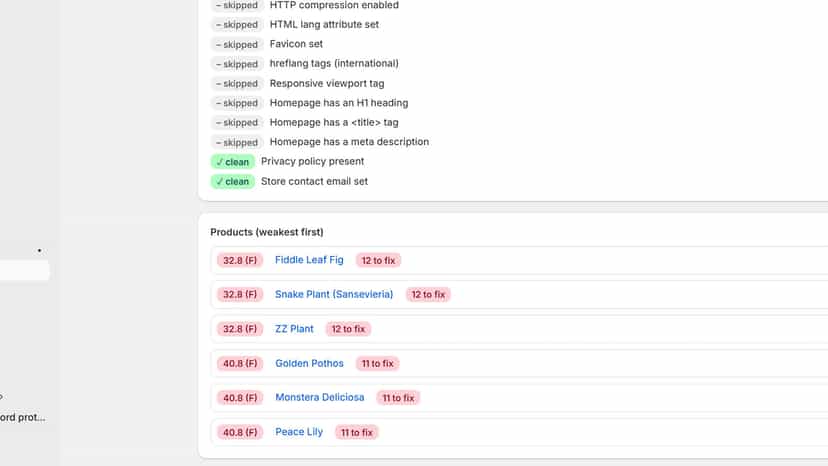 SEO Audit product list ranked by SEO score, weakest first