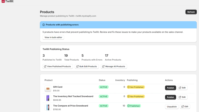 Control which products to publish on twillit