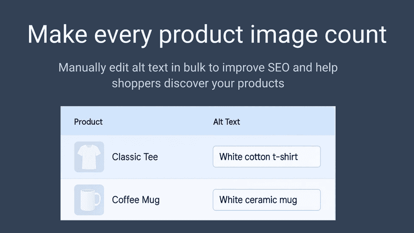 Bulk edit product image alt text in a clean table layout