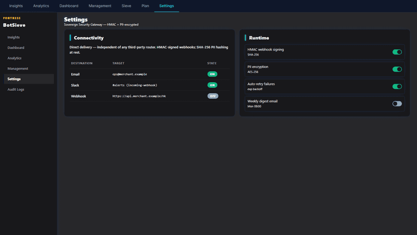 BotSieve Settings — configure alerts and thresholds