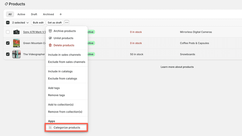 Product index with two products selected for categorization