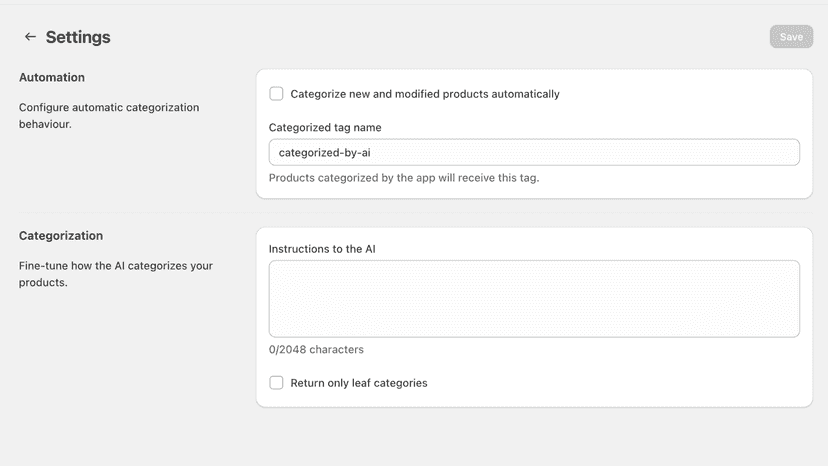 Settings page with auto-categorization and AI instructions