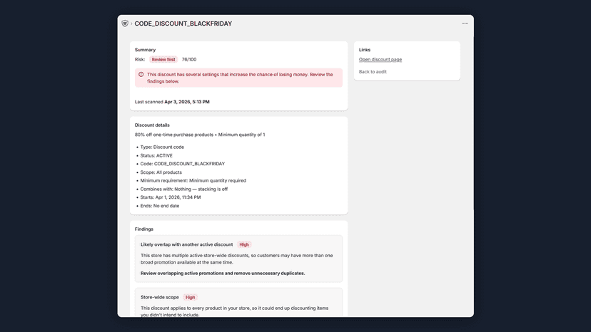 Discount detail page with findings and severity badges