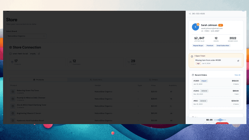 Live inbound call with customer profile and order details