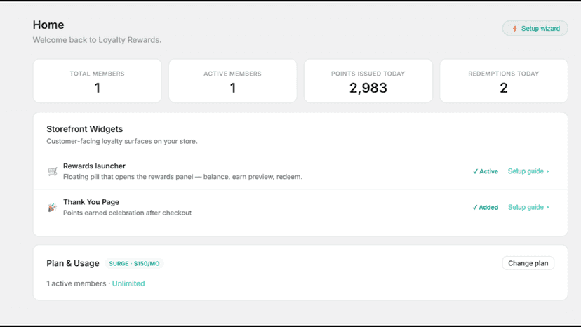 Merchant admin dashboard with member stats and setup guide