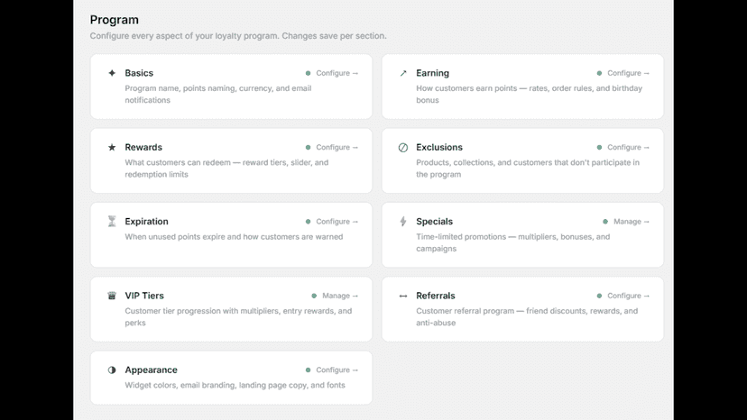 Loyalty program settings with all feature configuration cards