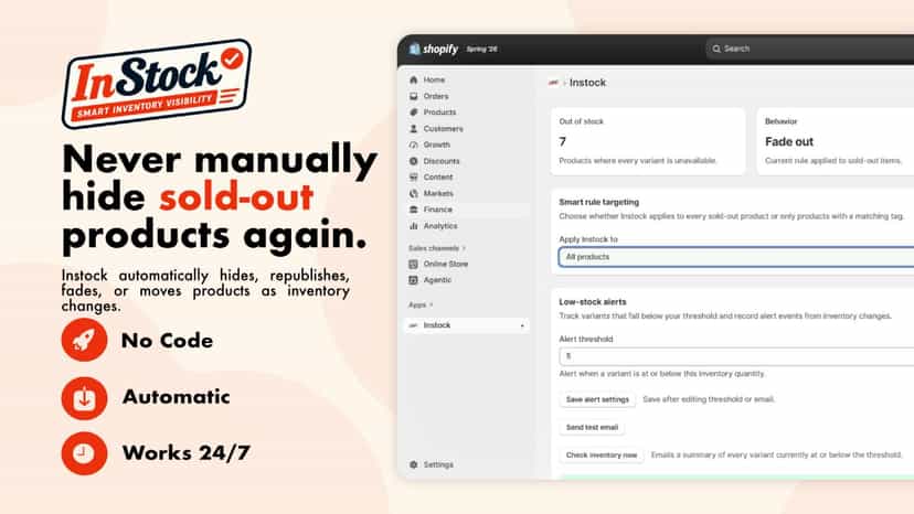 Instock dashboard showing automatic product visibility, inventor