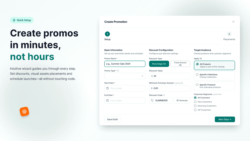 Create Promotion wizard with discount, schedule, and targeting