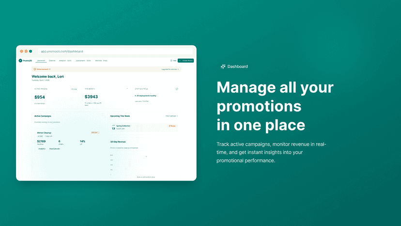 PromoOS dashboard showing active campaigns and revenue stats