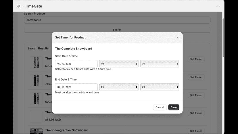 choose a start and end time for the product