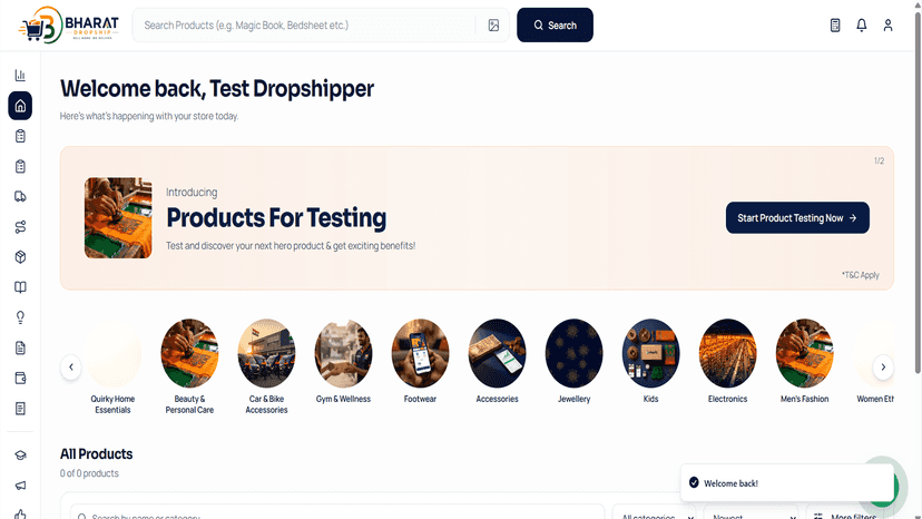 Bharat Dropship merchant dashboard showing products and categori