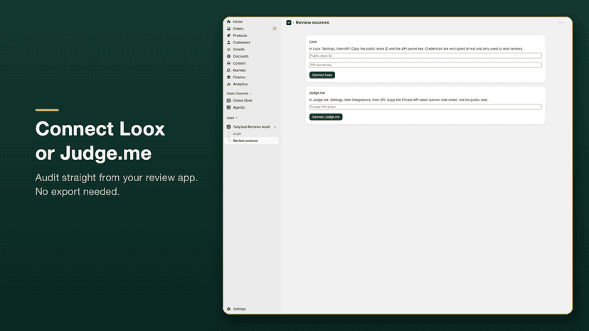Review sources page for connecting Loox or Judge.me to audit wit