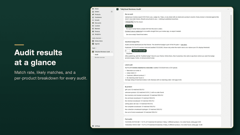 Audit page showing the match rate, match breakdown, and per-prod