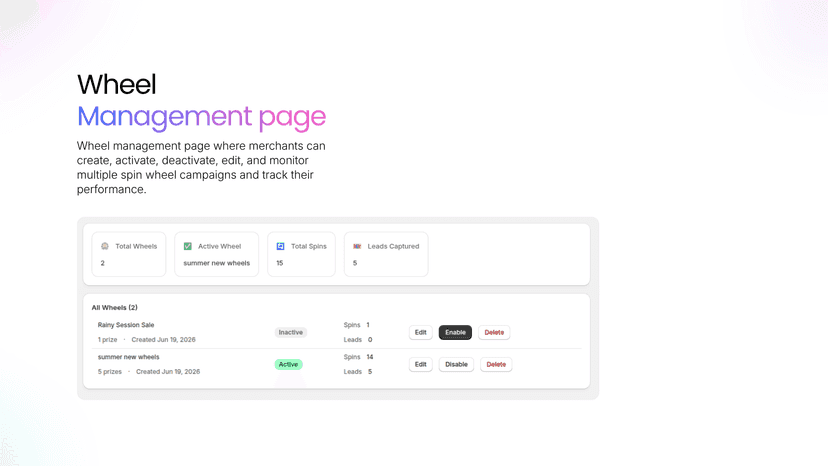 Wheel management page where merchants can create, activate.