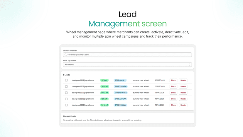 Lead management screen showing captured customer emails.