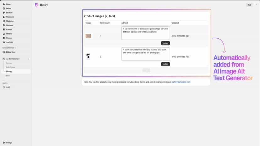 History page for viewing generated alt texts