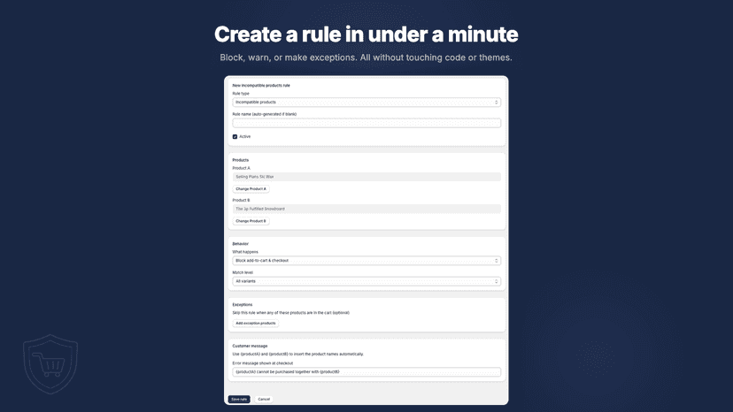 Screenshot of rule creation dashboard