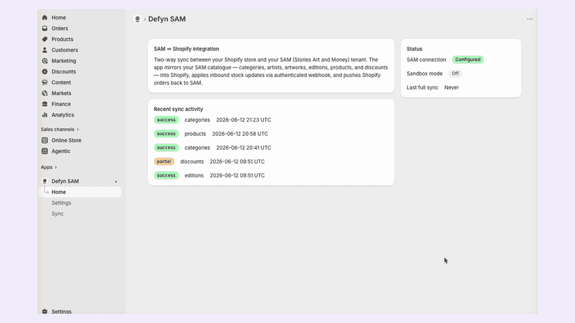 Defyn SAM dashboard: SAM connection status and recent syncs