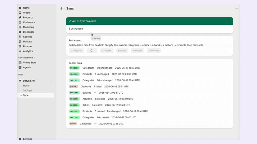 One-click sync with live status and full run history