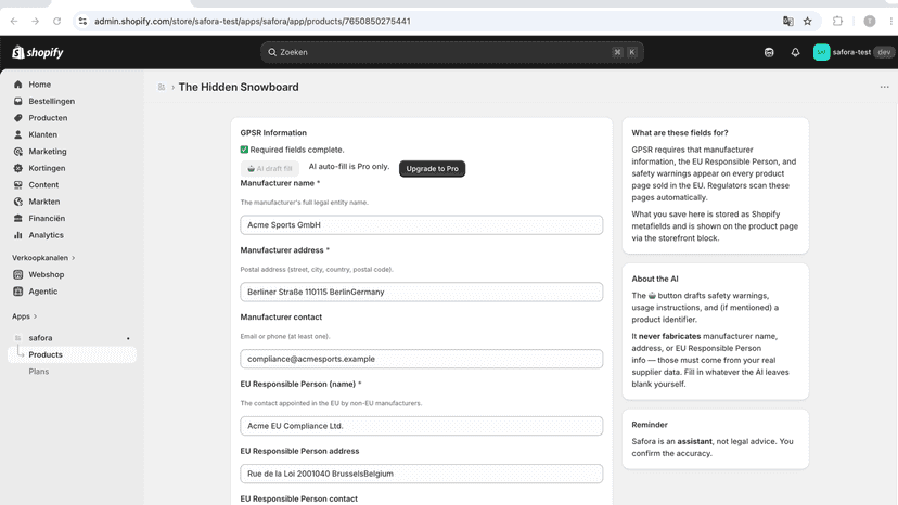 Product GPSR fields: manufacturer, EU Responsible Person, and AI