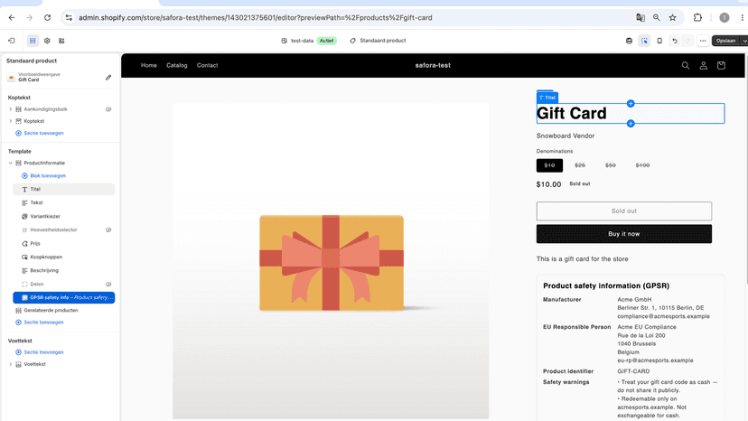 Storefront GPSR block rendered on a product page with all compli