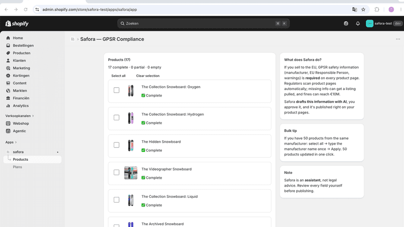 Safora dashboard listing products with GPSR completeness status