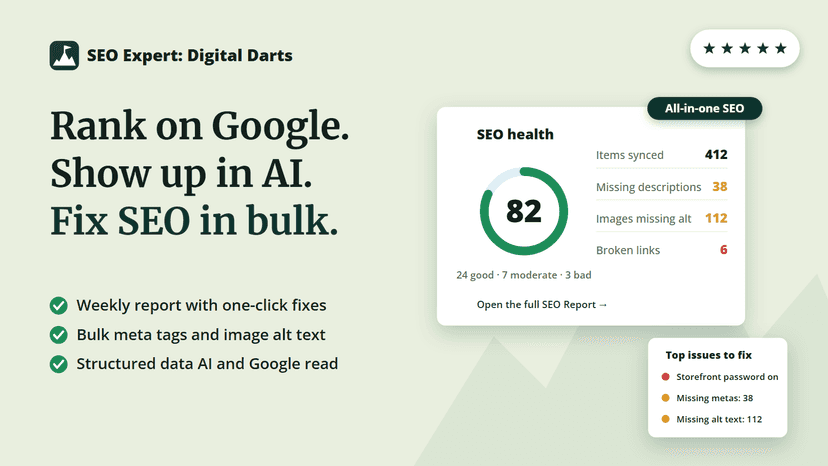 SEO Expert dashboard with SEO score, issues and stat cards