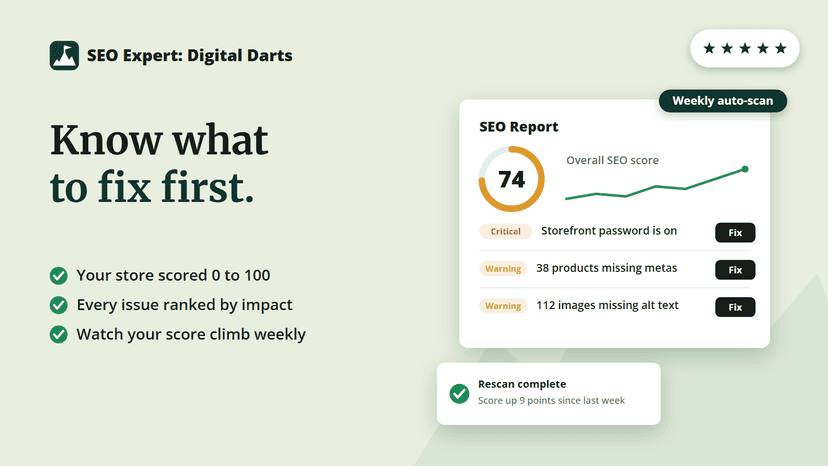 SEO report scoring a Shopify store with issues to fix