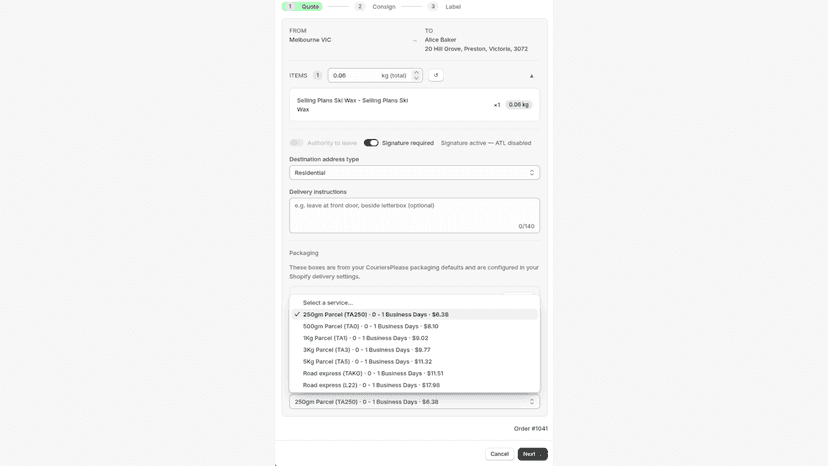 Comparing live CouriersPlease delivery quotes on an order