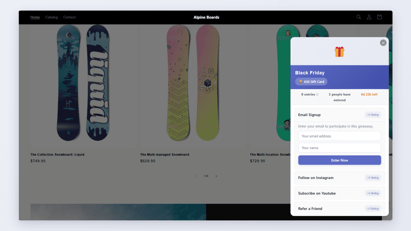 Contest popup on a storefront with prize and entry options