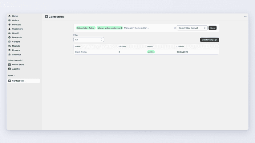 ContestHub dashboard with active campaign and widget controls