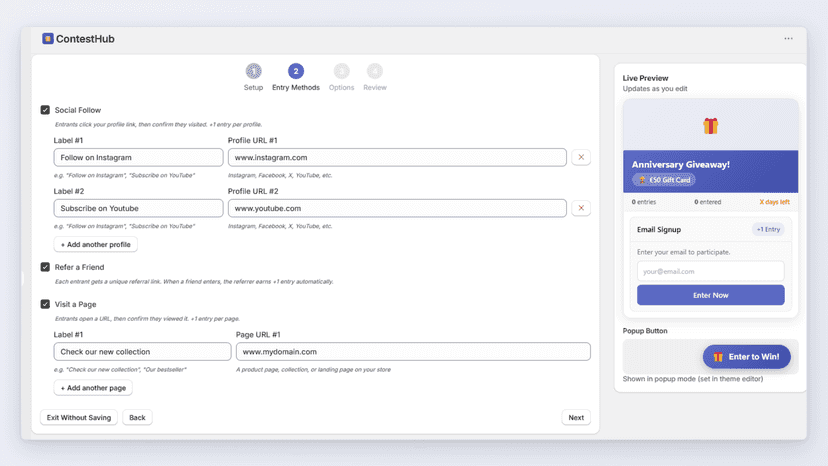 Campaign wizard entry-methods step with live widget preview