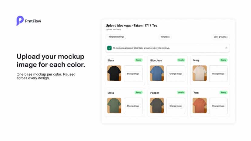 PrntFlow mockup upload screen showing 6 color variants ready