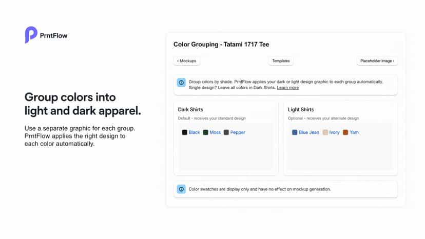 PrntFlow color grouping screen showing dark and light shirt grou