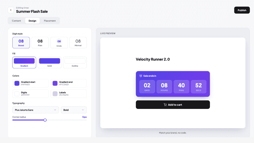Design panel with color and digit-style controls and preview