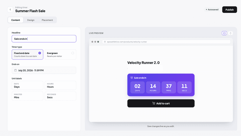Timer editor with settings beside a live storefront preview