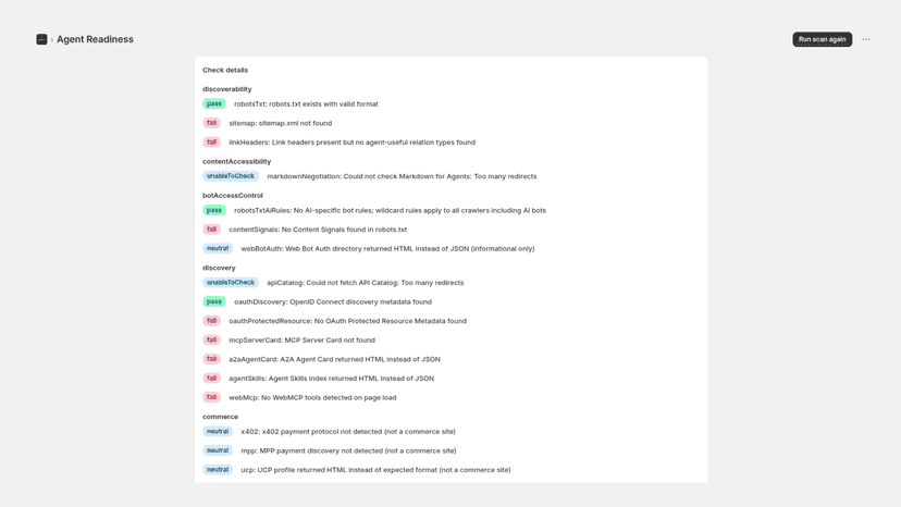 Per-category checks with pass, fail, and unknown statuses
