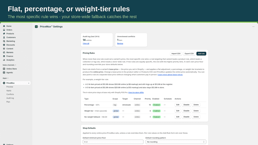 Rules editor listing channel-aware pricing rules