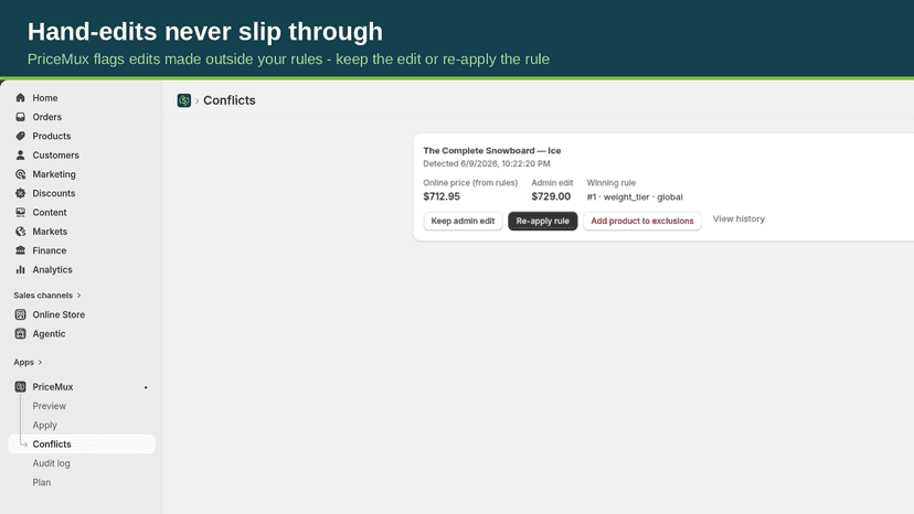 Conflict review queue with per-variant override choices