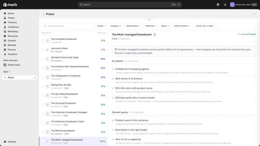 Published product at 100% AI readiness with all signals passing