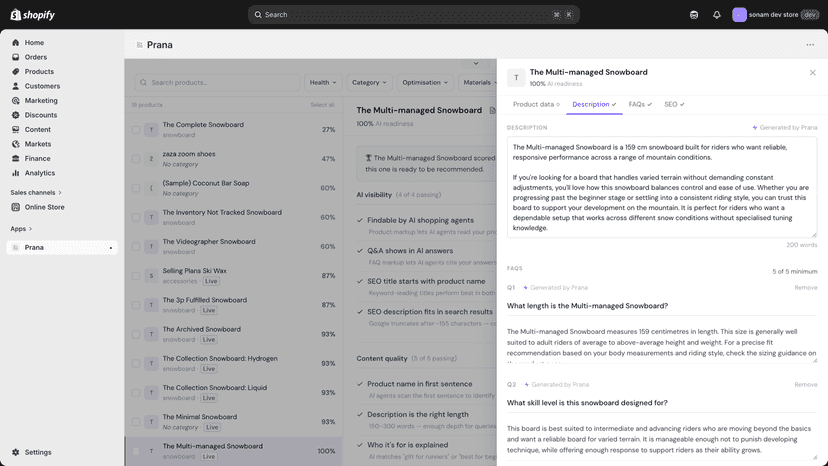 Product drawer showing AI-generated description and FAQ content
