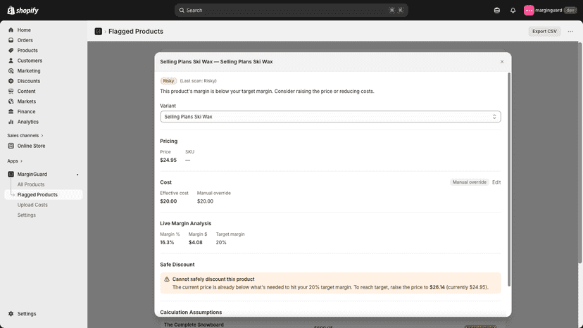 Product drawer showing margin and safe discount.