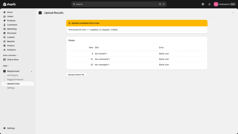 CSV upload results screen with row counts.
