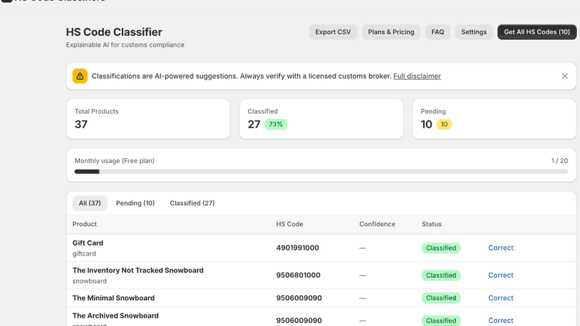 HS code classification dashboard showing product list with Canad