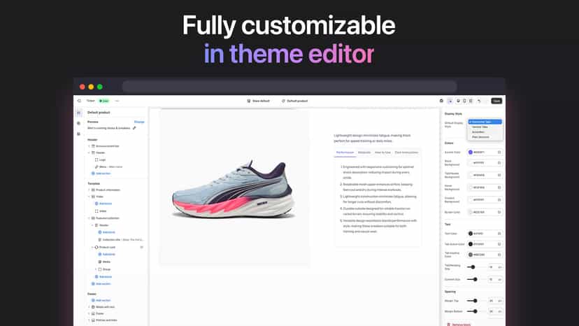 Customize the tabs layout in Shopify theme editor. Sumo Tabs app