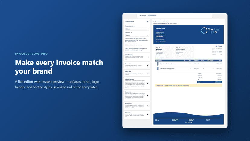 Invoice template editor with live preview