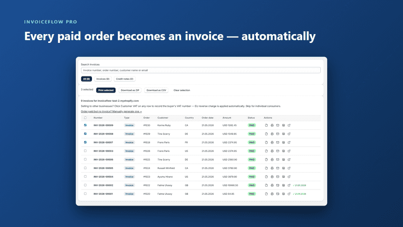 Invoice list showing auto-generated invoices