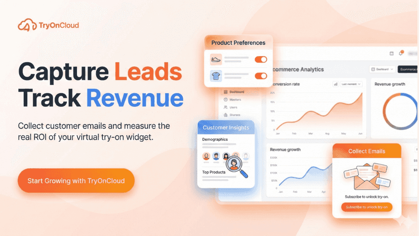 TryOnCloud analytics dashboard showing customer insights, email