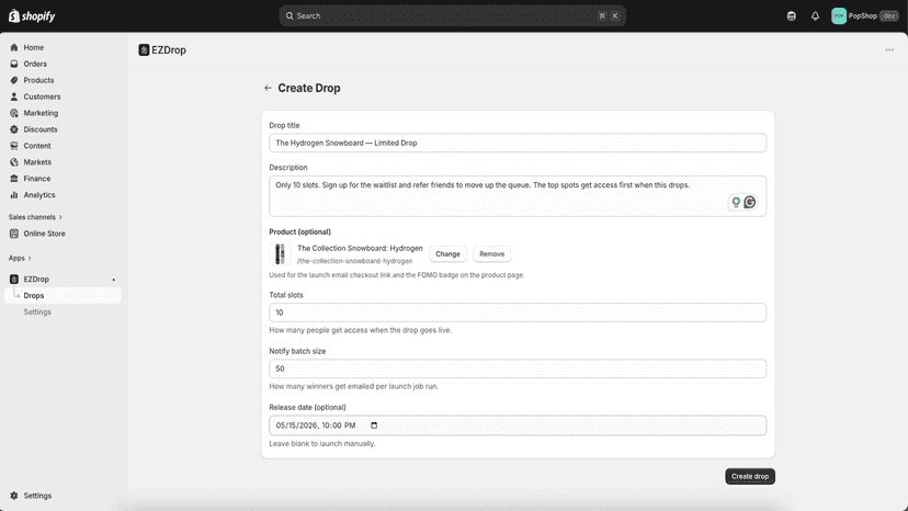 EZDrop admin: create a product drop in Shopify
