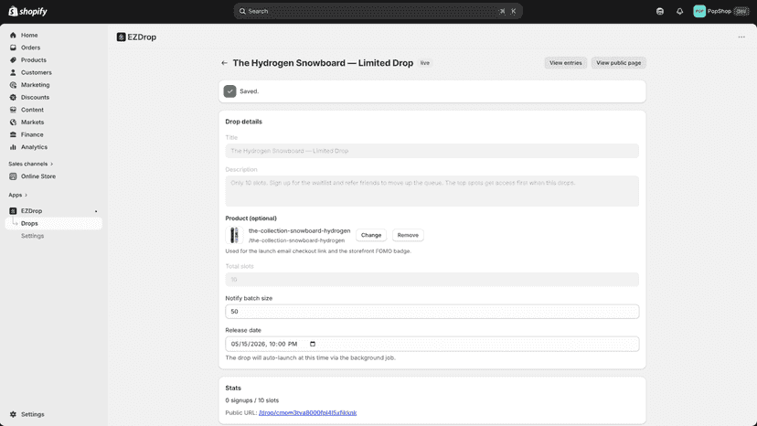 EZDrop admin: manage live drop stats and launch